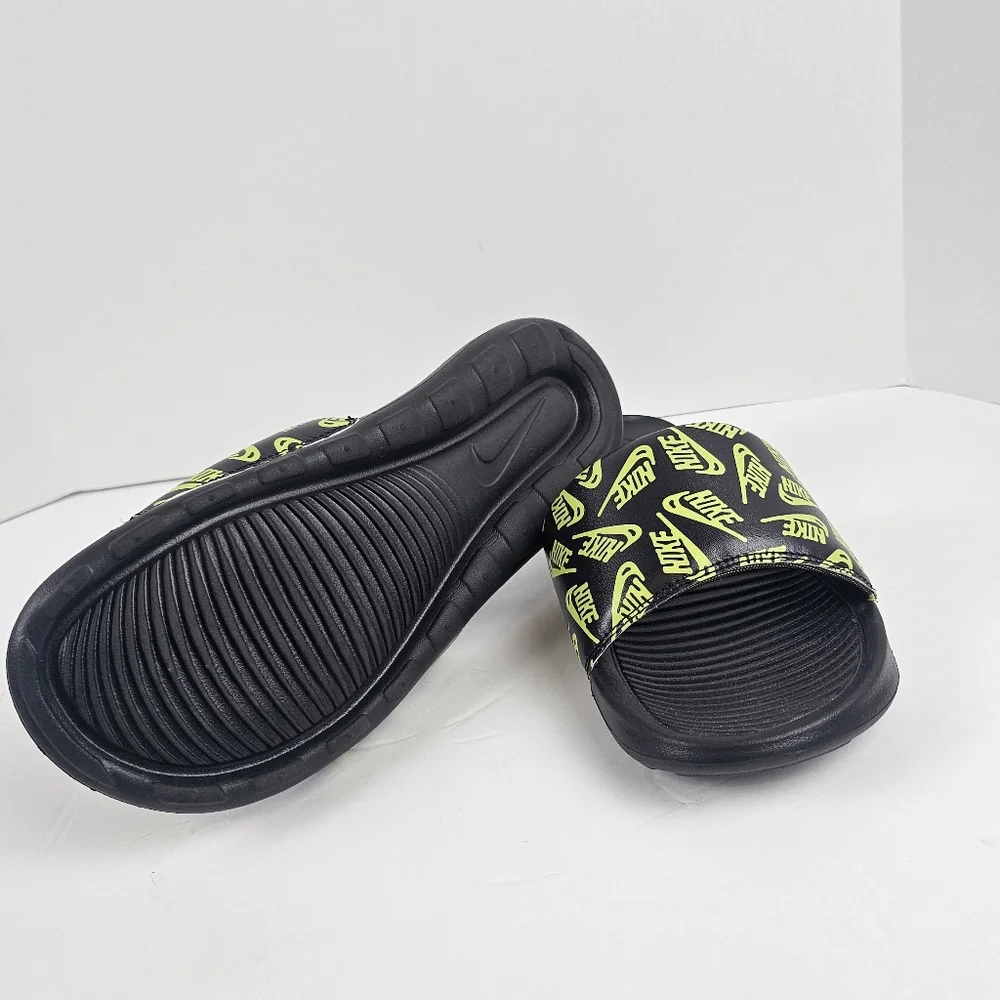 Nike Victori One Black/Neon Green Volt Logo Print Sport Slides Size 8 Lounge